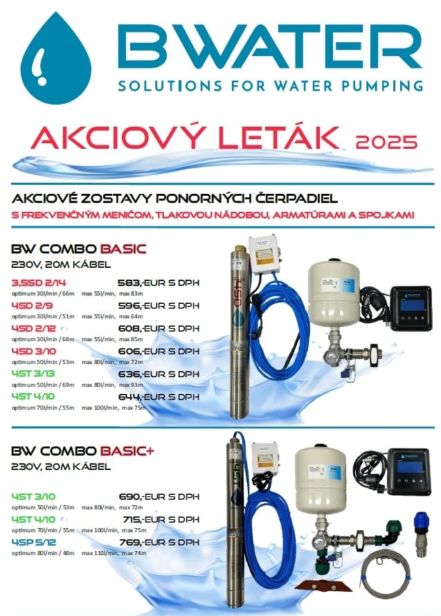 Akciový leták čerpacích zostáv pre čerpanie vody zo studní. Ideálne pre závlahové systémy a zásobenie rodinných domov.